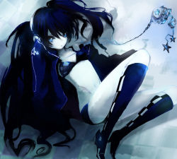 Rule 34 | 10s, 1girl, bad id, bad pixiv id, bikini, bikini top only, black hair, black rock shooter, black rock shooter (character), blue eyes, blue hair, boots, headphones, jewelry, knee boots, long hair, looking at viewer, lying, matching hair/eyes, navel, necklace, on back, pale skin, sayaomu, scar, short shorts, shorts, skull, solo, star (symbol), swimsuit, twintails