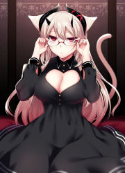 Rule 34 | 1girl, adjusting eyewear, animal ears, black dress, blonde hair, blurry, blurry background, breasts, cat ears, cat tail, cleavage, cleavage cutout, closed mouth, clothing cutout, dated, depth of field, dress, glasses, hands up, heart cutout, horns, konshin, large breasts, long hair, long sleeves, looking at viewer, original, red-framed eyewear, red eyes, semi-rimless eyewear, signature, sitting, solo, tail, under-rim eyewear