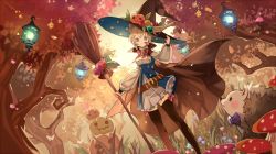 Rule 34 | 1girl, autumn leaves, belt, black thighhighs, blonde hair, blue eyes, bow, broom, cape, dog, dress, dutch angle, grass, halloween, hand on headwear, hat, highres, jack-o&#039;-lantern, kotetsu (popeethe), lantern, light particles, long sleeves, looking at viewer, mushroom, original, petticoat, puffy long sleeves, puffy sleeves, pumpkin, resized, smile, solo, thighhighs, tree, upscaled, wind, witch, witch hat, zettai ryouiki