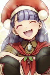 Rule 34 | 1girl, aoba (smartbeat), beret, black mittens, blunt bangs, closed eyes, fate/grand order, fate (series), hat, head tilt, highres, long hair, martha (fate), martha (santa) (fate), mittens, open mouth, pom pom (clothes), purple hair, simple background, smile, sparkle