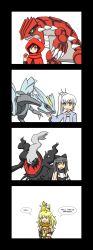Rule 34 | 4girls, 4koma, :3, androgynous, black eyes, black hair, blake belladonna, blonde hair, braid, comic, creatures (company), crossover, english text, framed, game freak, gen 1 pokemon, gen 2 pokemon, gen 3 pokemon, gen 5 pokemon, grey eyes, groudon, highres, kyurem, legendary pokemon, lunarisaileron, multiple girls, mythical pokemon, name connection, nintendo, odd one out, on head, one eye closed, pichu, pikachu, poke ball, poke ball (basic), pokemon, pokemon (creature), pokemon on head, red hair, ruby rose, rwby, scarf, weiss schnee, white hair, yang xiao long, yellow eyes