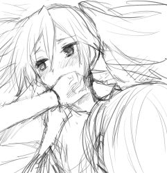 2girls bad_id bad_pixiv_id blush greyscale hand_over_mouth hatsune_miku hijiki_(hijikini) hijikini long_hair megurine_luka monochrome multiple_girls sketch vocaloid yuri