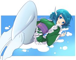 Rule 34 | 1girl, bad id, bad twitter id, breasts, dress, fins, green dress, green hair, head fins, japanese clothes, kimono, long sleeves, looking at viewer, lying, medium breasts, mermaid, monster girl, obi, on back, open mouth, ribbon, sash, short hair, smile, solo, tori (otori), touhou, twitter username, wakasagihime, wide sleeves