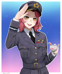 Rule 34 | 1girl, alternate costume, artist name, black necktie, collared shirt, commentary, commission, cup, darkpulsegg, english commentary, girls und panzer, grey jacket, hat, head tilt, highres, holding, holding cup, jacket, long sleeves, medium hair, military, military hat, military uniform, necktie, open mouth, peaked cap, pink hair, revision, rosehip (girls und panzer), royal air force, salute, shirt, signature, smile, solo, standing, swept bangs, tea, teacup, uniform, upper body, wavy hair, white shirt, widow&#039;s peak, yellow eyes