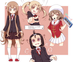 Rule 34 | 4girls, :d, alternate costume, arms at sides, black jacket, blazer, blush, brown eyes, brown hair, brown skirt, bubble, check instrument, collared shirt, commentary, cropped legs, cropped torso, cube hair ornament, dialogue box, emphasis lines, eyebrows, floating hair, full body, hair ornament, hand on own hip, hat, highres, holding, holding instrument, instrument, jacket, keyboard (instrument), kneehighs, long hair, long sleeves, looking at viewer, looking down, melodica, multiple girls, music, musical note, neck ribbon, nervous, notice lines, ogawa kokoro, oomuro-ke, oomuro hanako, open mouth, pink background, playing instrument, pleated skirt, pointing, pointing at viewer, pontasu, purple eyes, red ribbon, red shirt, ribbon, sailor collar, school uniform, shirt, short hair, short sleeves, simple background, skirt, smile, socks, souma mirai, standing, sweat, takasaki misaki (yuru yuri), translation request, twintails, two-tone background, very long hair, wavy mouth, white background, white headwear, white legwear, white sailor collar, white shirt, white skirt, wide-eyed, yuru yuri