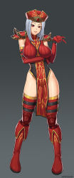 Rule 34 | 1girl, arm strap, armor, boots, breast hold, breasts, breasts apart, buckle, elbow gloves, full body, gem, gloves, gradient background, grey background, grin, groin, hat, highres, knee boots, large breasts, leotard, looking at viewer, pauldrons, pointing, red eyes, red footwear, red gloves, red thighhighs, sally whitemane, shoulder armor, silver hair, smile, solo, speh, standing, surcoat, tabard, thigh strap, thighhighs, warcraft, world of warcraft, wristband