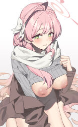 Rule 34 | 1girl, absurdres, ahoge, airseal, barefoot, blue archive, blush, bow, braid, breasts, breasts out, brown jacket, closed mouth, clothes lift, commentary, feet, gradient background, green eyes, grey sweater, groin, hair bow, halo, hanako (blue archive), highres, inverted nipples, jacket, large breasts, legs, light smile, long hair, long sleeves, nipples, pink hair, pink halo, ribbed sweater, scarf, sitting, soles, solo, sweater, sweater lift, thighs, toes, wariza, white background, white bow, white scarf