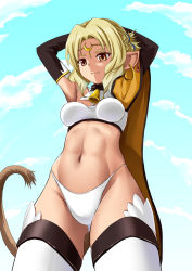 Rule 34 | 10s, 1girl, abs, alicia rue, animal ears, armpits, arms behind head, bikini, blonde hair, breasts, bridal gauntlets, brown eyes, cait sith (ff7), cat ears, cloud, crotch, earrings, fang, from below, jewelry, medium breasts, navel, one eye closed, orange (meitoku), outdoors, panties, pointy ears, short hair, skindentation, sky, smile, solo, standing, swimsuit, sword art online, tail, thighhighs, underwear, white bikini, white thighhighs