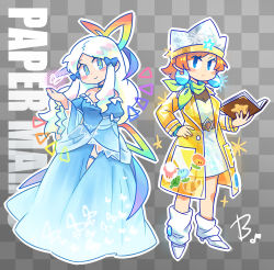 Rule 34 | 2girls, beco (100me), blue dress, blue eyes, book, boots, bow, checkered background, copyright name, crown, dress, earrings, green scarf, hair bow, hair ribbon, highres, jacket, jewelry, kersti, mario (series), multiple girls, nintendo, orange hair, outline, paper mario, paper mario: sticker star, patterned background, personification, pointy ears, rainbow print, ribbon, scarf, see-through, short hair, sidelocks, signature, sticker, super paper mario, tippi (paper mario), tress ribbon, white footwear, white hair, white outline, yellow jacket