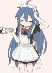 Rule 34 | 1girl, :3, ahoge, apron, arm up, black dress, blue hair, blush, bow, bowtie, closed eyes, closed mouth, coffee, coffee cup, collared dress, commentary, cup, disposable cup, dress, dress bow, feet out of frame, flat chest, frilled apron, frilled sleeves, frills, hair between eyes, hand up, highres, holding, holding tray, izumi konata, long hair, lucky star, maid, maid headdress, mole, mole under eye, pink background, red bow, red bowtie, short dress, short sleeves, sidelocks, simple background, solo, spilling, standing, straight hair, symbol-only commentary, tray, underskirt, v-shaped eyebrows, v over eye, very long hair, white apron, white bow, yuki53902