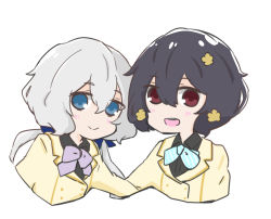 Rule 34 | 2girls, :d, black hair, black shirt, blue bow, blue eyes, blush, bow, closed mouth, collared shirt, commentary request, cropped torso, diagonal-striped bow, dress shirt, flower, grey hair, hair between eyes, hair flower, hair ornament, jacket, konno junko, long hair, low twintails, mizuno ai, multiple girls, nozo (hitomiz), open mouth, purple bow, red eyes, shirt, simple background, smile, twintails, upper body, white background, yellow flower, yellow jacket, zombie land saga