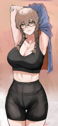 Rule 34 | 1girl, absurdres, amane suzuha, armpits, arms behind head, bike shorts, black-framed eyewear, black shorts, black sports bra, blue jacket, braid, breasts, brown hair, cleavage, closed mouth, collarbone, commentary, commission, eyelashes, glasses, hair between eyes, half-closed eyes, highres, jacket, unworn jacket, large breasts, light smile, looking at viewer, midriff, nero watch, shorts, simple background, solo, sports bra, steins;gate, thigh gap, track jacket, twin braids, yellow eyes