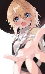 Rule 34 | 1girl, :d, blonde hair, blue eyes, blurry, blush, cropped vest, dated, depth of field, female focus, foreshortening, hair between eyes, hat, highres, looking at viewer, open mouth, outstretched hand, signature, simple background, smile, solo, sonolar, summon night, summon night 3, tareme, umino hotate, vest, white background