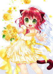Rule 34 | 1girl, :3, :d, animal ears, bad id, bad pixiv id, blush, bouquet, cat ears, cat tail, child, dress, flower, formal, green eyes, lace, lace-trimmed dress, lace trim, mutou mato, open mouth, original, red hair, short hair, smile, solo, tail, veil, white background, yellow dress