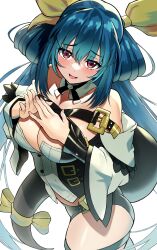 Rule 34 | 1girl, blue hair, blush, bow, breasts, detached collar, detached sleeves, dizzy (guilty gear), guilty gear, guilty gear xrd, hair bow, hair rings, highres, large breasts, long hair, long sleeves, looking at viewer, red eyes, ribbon, sato one1, tail, tail ornament, tail ribbon, wide sleeves, yellow ribbon