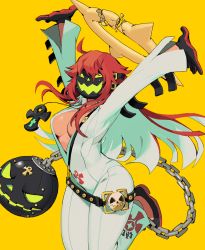 Rule 34 | ankh, ankh necklace, ball and chain (weapon), ball and chain restraint, bell-bottoms, belt, black footwear, black lanyard, bodysuit, breasts, broken halo, collared shirt, spiked halo, front slit, gloves, glowing, glowing eyes, glowing mouth, green eyes, grey mask, guilty gear, guilty gear strive, hair between eyes, halo, jack-o&#039; valentine, jewelry, lanyard, long sleeves, mask, medium breasts, pants, pendant, plunging neckline, pumpkin mask, red footwear, red gloves, shirt, shoulder belt, simple background, sorrysap, studded belt, too many, too many belts, two-tone footwear, two-tone gloves, weapon, white bodysuit, white pants, white shirt, yellow background