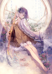 Rule 34 | 1girl, barefoot, blush, breasts, commentary request, curtains, dress, eighth note, flower, hair flower, hair ornament, hand up, head tilt, highres, indoors, kieta, long hair, long sleeves, looking at viewer, medium breasts, musical note, petticoat, purple eyes, purple hair, shadow, smile, solo, staff (music), touhou, tsukumo benben, very long hair, white flower, wide sleeves, window, yellow dress