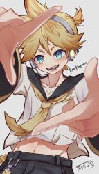 Rule 34 | 1boy, absurdres, arm warmers, bass clef, belt, black collar, black shorts, blonde hair, blue eyes, blurry, blurry foreground, character name, collar, commentary, finger frame, foreshortening, grey background, headphones, highres, kagamine len, loloroyal, looking at viewer, male focus, midriff, navel, necktie, open mouth, outstretched arms, sailor collar, school uniform, shirt, short ponytail, short sleeves, shorts, signature, smile, solo, spiked hair, teeth, vocaloid, white shirt, yellow necktie