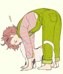 Rule 34 | !, 1boy, aged down, all fours, barefoot, brown eyes, brown hair, calico, cat, child, egawa satsuki, green background, hair ornament, hairclip, idolmaster, idolmaster side-m, long sleeves, looking at another, male focus, nekoyanagi kirio, overalls, shirt, simple background, striped clothes, striped shirt