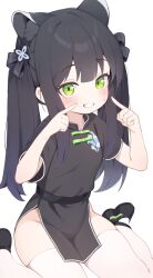 Rule 34 | 1girl, aged down, animal ears, black bow, black dress, black footwear, black hair, blue archive, blush, bow, china dress, chinese clothes, commentary, dress, fingers to cheeks, green eyes, grin, groin, hair bow, hair ornament, hand up, highres, long hair, looking at viewer, nervous smile, no panties, pelvic curtain, quel (quel1111), short sleeves, shun (blue archive), shun (small) (blue archive), sidelocks, simple background, sitting, smile, solo, sweat, symbol-only commentary, thighhighs, thighs, tiger ears, tiger girl, twintails, wariza, white background, white thighhighs