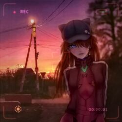 Rule 34 | 1girl, animal ear headwear, animal ears, black hat, blue eyes, bodysuit, bodysuit under clothes, evangelion: 3.0 you can (not) redo, evening, expressionless, eyepatch, fake animal ears, hat, highres, jacket, jersey, landscape, looking at viewer, nature, neon genesis evangelion, plugsuit, rebuild of evangelion, red hair, redteneri, sky, souryuu asuka langley, sunset, viewfinder