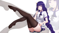 Rule 34 | 1girl, absurdres, black thighhighs, braid, closed mouth, commentary request, feet up, food, full body, genshin impact, highres, kong ting, long hair, looking at viewer, low-braided long hair, low-tied long hair, purple eyes, purple hair, raiden shogun, shirt, short shorts, short sleeves, shorts, sitting, thighhighs, thighs, white shirt