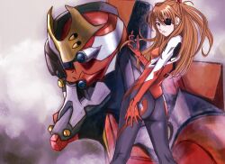Rule 34 | 1girl, artist request, ass, blue eyes, bodysuit, breasts, brown hair, eva 02, evangelion: 3.0 you can (not) redo, eyepatch, highres, long hair, looking at viewer, looking back, mecha, medium breasts, neon genesis evangelion, plugsuit, rebuild of evangelion, red bodysuit, robot, shiny clothes, simple background, skin tight, souryuu asuka langley, very long hair