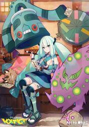 Rule 34 | 1girl, artist name, blue eyes, blue hair, blue sleeves, bronzong, calligraphy brush, closed eyes, copyright name, creatures (company), detached sleeves, fuzichoco, galarian form, galarian meowth, game freak, gen 4 pokemon, gen 8 pokemon, hatsune miku, highres, holding, holding calligraphy brush, holding paintbrush, holding paper, indoors, japanese clothes, logo, long hair, nintendo, official alternate costume, official art, paper, pokemon, pokemon (creature), project voltage, sandals, second-party source, sitting, spiritomb, steel miku (project voltage), twintails, very long hair, vocaloid, water