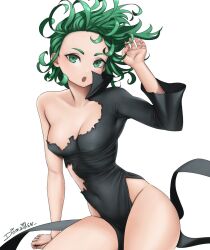 Rule 34 | 1girl, :o, black dress, breasts, cleavage, covered navel, curly hair, dismaiden, dress, green eyes, green hair, hand up, highres, looking at viewer, one-punch man, open mouth, side slit, simple background, small breasts, solo, tatsumaki, torn clothes, torn dress, white background