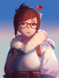 Rule 34 | 1girl, ask (askzy), beads, belt, belt pouch, black-framed eyewear, blue gloves, brown eyes, brown hair, canister, coat, drone, fur-trimmed jacket, fur coat, fur trim, glasses, gloves, hair bun, hair ornament, hair stick, jacket, lips, looking at viewer, machinery, mei (overwatch), overwatch, overwatch 1, parka, pink lips, pouch, robot, short hair, single hair bun, smile, snowflake hair ornament, solo, strap, upper body, winter clothes, winter coat