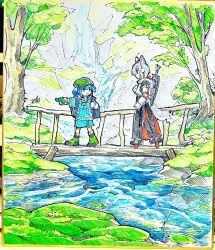 Rule 34 | 2girls, adapted costume, animal ears, backpack, bag, black skirt, blue eyes, blue hair, blue jacket, blue skirt, boots, bridge, day, doggo 1d34, geta, gloves, green footwear, green gloves, green hat, grey hair, hair bobbles, hair ornament, hat, hatching (texture), highres, inubashiri momiji, jacket, kawashiro nitori, looking at another, multiple girls, nature, outdoors, pointing, shikishi, skirt, standing, stream, sword, tail, tengu-geta, touhou, tree, walking, water, weapon, weapon on back, white gloves, wide shot, wolf ears, wolf girl, wolf tail