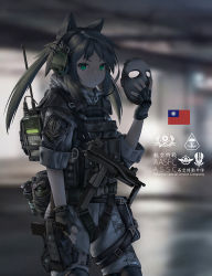 Rule 34 | 1girl, animal ears, blurry, blurry background, bulletproof vest, camouflage, camouflage jacket, camouflage pants, chinese commentary, chinese text, commentary request, cowboy shot, fang zhenjun, flashbang, gloves, green eyes, grey gloves, grey hair, gun, handgun, harness, headphones, holding, holding mask, holster, holstered, jacket, long hair, looking at viewer, mask, unworn mask, microphone, military, original, pants, photo background, pistol, republic of china flag, sleeves rolled up, smoke grenade, soldier, solo, standing, submachine gun, tactical clothes, taiwan, thigh holster, translation request, two side up, weapon, weapon request
