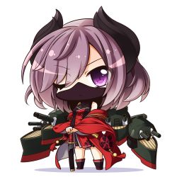 Rule 34 | 1girl, azur lane, black footwear, boots, chibi, commentary request, curled horns, dress, hair between eyes, hands on hilt, horns, japanese clothes, katana, kimono, kirishima (azur lane), long hair, long sleeves, looking at viewer, mask, mouth mask, ninja, ninja mask, off shoulder, one eye closed, own hands together, purple eyes, purple hair, red dress, red kimono, shachoo., sheath, sheathed, simple background, solo, standing, sword, weapon, white background, wide sleeves