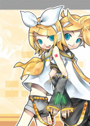 Rule 34 | 1boy, 1girl, back-to-back, bass clef, blonde hair, blue eyes, brother and sister, kagamine len, kagamine rin, kei (keigarou), number tattoo, official art, shoulder tattoo, siblings, tattoo, treble clef, twins, vocaloid