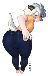 Rule 34 | 1boy, artist name, ass, bent over, blue eyes, blush, bulge, conto, denim, eyebrows, foreshortening, from behind, full body, hand on own ass, highres, horns, leaning forward, looking back, monster boy, original, pants, pantylines, pocket, pout, shirt, short sleeves, simple background, standing, t-shirt, tail, white background, white hair