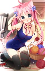 Rule 34 | 1girl, animal ear fluff, animal ears, bare arms, bare shoulders, basket, black thighhighs, blue eyes, blue one-piece swimsuit, blurry, blurry background, blush, bow, breasts, cat ears, cat girl, cat tail, chair, cleavage, collarbone, commentary request, depth of field, fang, hair between eyes, hair bow, head tilt, highres, long hair, medium breasts, nagayama yuunon, neck ribbon, nose blush, old school swimsuit, one-piece swimsuit, open mouth, original, pink hair, purple bow, red ribbon, ribbon, school swimsuit, shoes, solo, strap slip, swimsuit, tail, thighhighs, twintails, uwabaki, v, very long hair, white footwear, yarn, yarn ball