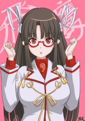 Rule 34 | artist name, text background, black hair, blunt bangs, breasts, character name, dress shirt, hair ribbon, highres, hime cut, hiyou (kancolle), kantai collection, large breasts, long hair, looking at viewer, magatama, pink background, red-framed eyewear, red eyes, ribbon, shirt, solo, t2r, upper body