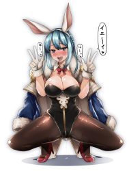 Rule 34 | 10s, 1girl, animal ears, black pantyhose, blue eyes, blue hair, bow, bowtie, breasts, cleavage, coat, detached collar, double w, drooling, fake animal ears, gloves, granblue fantasy, heart, heart-shaped pupils, high heels, highres, jacket, jacket on shoulders, large breasts, leotard, matching hair/eyes, pantyhose, playboy bunny, rabbit ears, red footwear, shoes, solo, squatting, symbol-shaped pupils, text focus, therese (granblue fantasy), tongue, tongue out, translated, w, yunodon (sugar maple)