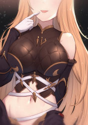 Rule 34 | 1girl, bare shoulders, black background, black shirt, blonde hair, blouse, blush, breasts, commentary, granblue fantasy, groin, head out of frame, highres, large breasts, long hair, midriff, navel, shirt, simple background, smile, solo, standing, tongue, tongue out, tweyen (granblue fantasy), uneg, upper body