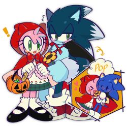 amy_rose blue_fur cape chibi cloak cosplay dress eyelashes fang flower green_eyes halloween halloween_bucket halloween_costume highres hood hooded_cloak jack-o&#039;-lantern kumoggu little_red_riding_hood_(grimm) little_red_riding_hood_(grimm)_(cosplay) pink_fur red_cloak sonic_(series) sonic_the_hedgehog sonic_the_werehog