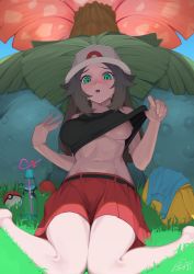 Rule 34 | 1girl, absurdres, aqua eyes, bag, black shirt, bottle, breasts, brown hair, clothes lift, creatures (company), drinking straw, game freak, gen 1 pokemon, grass, hat, highres, komadera, large breasts, leaf (pokemon), lifting own clothes, navel, nintendo, no bra, open mouth, poke ball, poke ball (basic), pokemon, pokemon (creature), pokemon frlg, red skirt, seiza, shirt, shirt lift, sitting, skirt, sleeveless, sleeveless shirt, stomach, sweat, underboob, venusaur