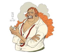 Rule 34 | 1girl, bead necklace, beads, breasts, cleavage, cropped torso, cup, curly dadan, frown, holding, holding cup, jewelry, large breasts, long hair, looking at viewer, necklace, old, old woman, one piece, orange hair, sakazuki, sideways glance, smoke, smoking, solo, tench, thick neck, wrinkled skin
