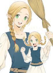 Rule 34 | 1girl, :d, belt, blonde hair, braid, breasts, broom, brown belt, commentary request, curtained hair, dress, dungeon meshi, elf, excited, frs2, green eyes, highres, holding, holding broom, korean commentary, light blush, marcille donato, open mouth, pointy ears, puffy sleeves, small breasts, smile, twin braids, upper body, white background, white dress