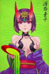 Rule 34 | 1girl, alcohol, bare shoulders, bob cut, breasts, collarbone, cup, eyeliner, fate/grand order, fate (series), green background, headpiece, highres, horns, japanese clothes, kimono, long sleeves, looking at viewer, makeup, obi, off shoulder, oni, parted lips, pouring, purple eyes, purple hair, purple kimono, revealing clothes, sakazuki, sake, sash, seraphim throne, short hair, shuten douji (fate), skin-covered horns, small breasts, smile, translation request, wide sleeves