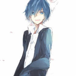 Rule 34 | 1boy, :d, blue eyes, blue hair, blue jacket, collared shirt, falling petals, flower, hair between eyes, jacket, looking at viewer, male focus, niconico, open collar, open mouth, petals, pink flower, raria, shirt, short hair, simple background, smile, solo, soraru, teeth, upper body, upper teeth only, utaite, white background, white shirt