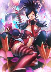 Rule 34 | 1girl, adjusting eyewear, armor, arrow (projectile), bad id, bad pixiv id, bibico, black hair, boots, bow (weapon), breasts, card, clothing cutout, crossbow, fingerless gloves, folded ponytail, glasses, gloves, greeting card, heart, heart-shaped pillow, heart cutout, heartseeker vayne, knee boots, large breasts, league of legends, looking at viewer, pauldrons, pillow, playing card, purple eyes, red footwear, semi-rimless eyewear, shoulder armor, sitting, smile, solo, striped clothes, striped thighhighs, thighhighs, under-rim eyewear, vayne (league of legends), weapon