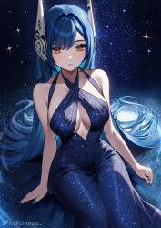 Rule 34 | 1girl, bare arms, bare shoulders, blue dress, blue hair, blue nails, breasts, brown eyes, commentary request, commission, dress, girls&#039; frontline, headpiece, helloimtea, highres, long hair, looking at viewer, medium breasts, nail polish, sitting, sleeveless, sleeveless dress, smile, solo, tar-21 (girls&#039; frontline), very long hair