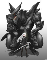 Rule 34 | 1girl, black pantyhose, blue eyes, circle name, claws, demon, full body, fur collar, gothic lolita, gradient background, grey background, highres, holding, holding sword, holding weapon, lolita fashion, long hair, looking at viewer, mary janes, matsumoto tomoki, monster, original, pantyhose, parted lips, red eyes, ribbon, shadow, shoe belt, shoes, size difference, solo, standing, stone, sword, tail, teeth, very long hair, weapon, white background, white hair, white ribbon, wide-eyed, wide sleeves