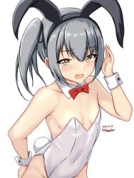 Rule 34 | 1girl, animal ears, bare shoulders, blush, bow, bowtie, breasts, brown eyes, covered navel, dated, detached collar, embarrassed, fake animal ears, fake tail, grey hair, hair ribbon, highres, kantai collection, kasumi (kancolle), leotard, long hair, looking at viewer, montemasa, open mouth, playboy bunny, rabbit ears, rabbit tail, ribbon, side ponytail, small breasts, solo, strapless, strapless leotard, tail, traditional bowtie, twitter username, white background, white leotard, wrist cuffs