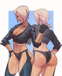 Rule 34 | 1girl, absurdres, angel (kof), ass cutout, backless pants, blue eyes, bra, breasts, chaps, cleavage, clothing cutout, crop top, cropped jacket, crotch cutout, fingerless gloves, gloves, hair over one eye, highres, jacket, large breasts, leather, leather jacket, lipstick, makeup, midriff, navel, panties, pants, revealing clothes, short hair, snk, solo, strapless, strapless bra, the king of fighters, the king of fighters xiv, toned, twt4gn, underwear, wedgie, white hair